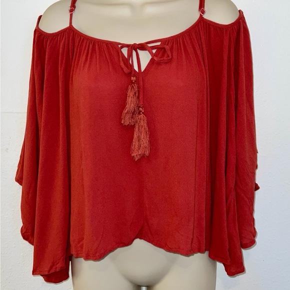 Socialite Women’s XS Burnt Orange Off Shoulder Cropped Blouse with Tassel Tie - Picture 1 of 9